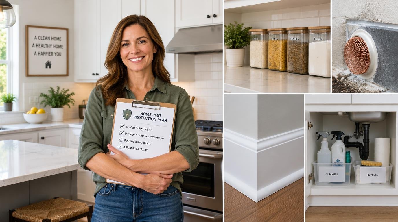 Clean kitchen after sealing entry points, with a woman holding a checklist