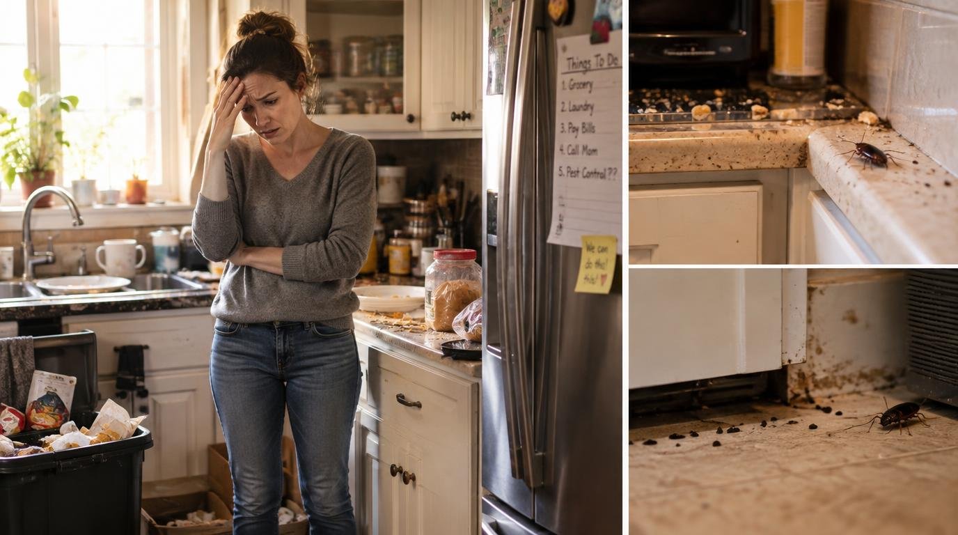 Messy kitchen with food crumbs and clutter that attracts pests