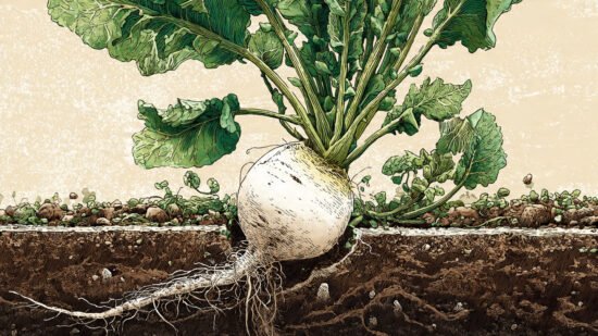 Daikon radish taproot breaking up compacted clay soil to improve drainage.