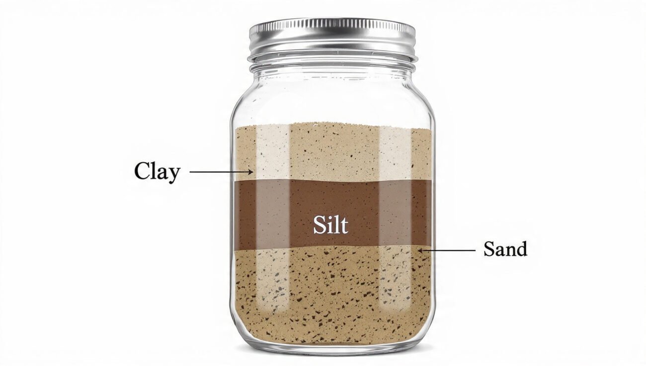 Mason jar soil test diagram showing distinct layers of clay, silt, and sand for garden soil analysis.