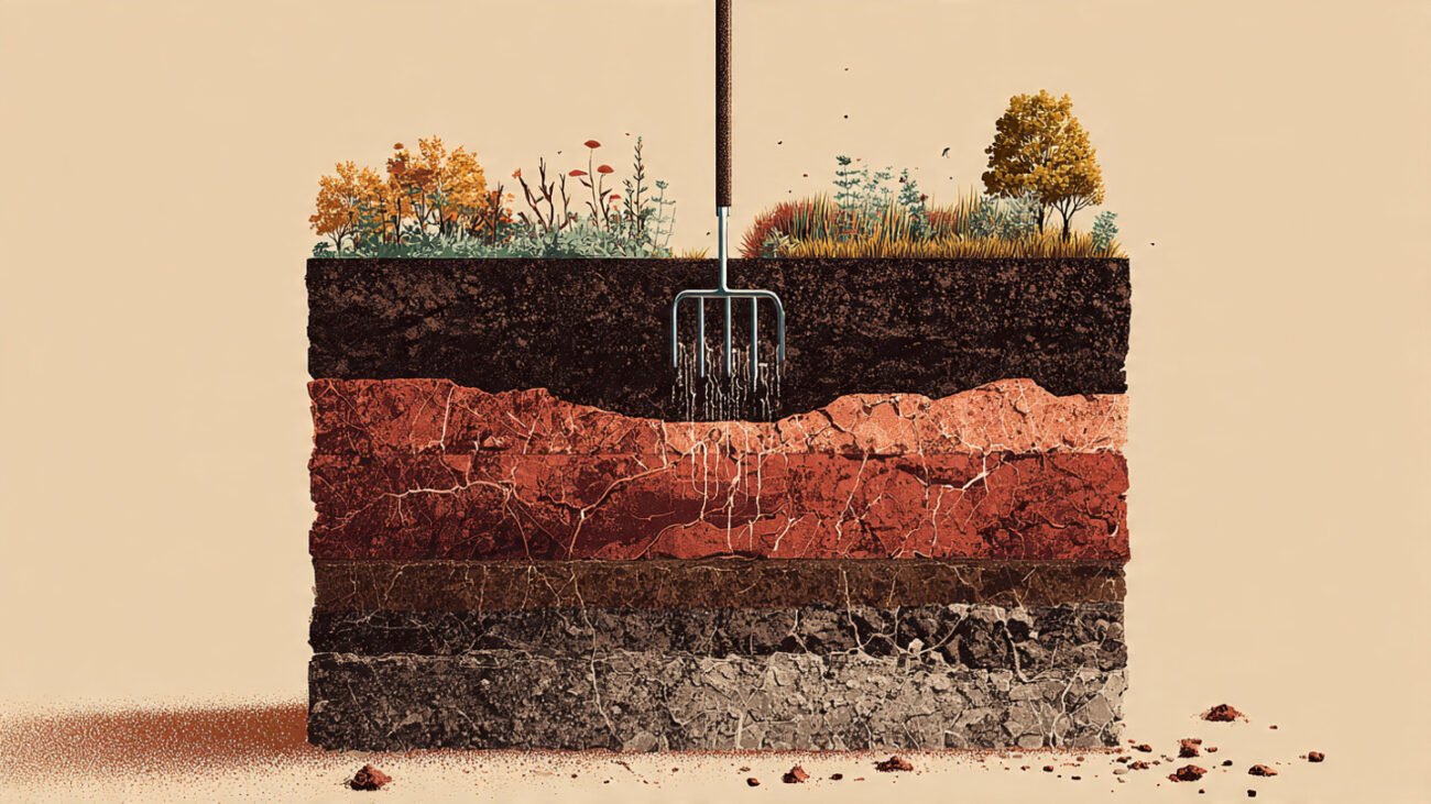 Cross section of clay soil being aerated with a garden fork and amended with compost.