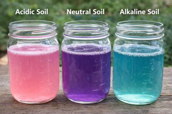 Red cabbage pH indicator jars showing pink liquid for acidic soil, purple for neutral, and blue-green for alkaline soil.