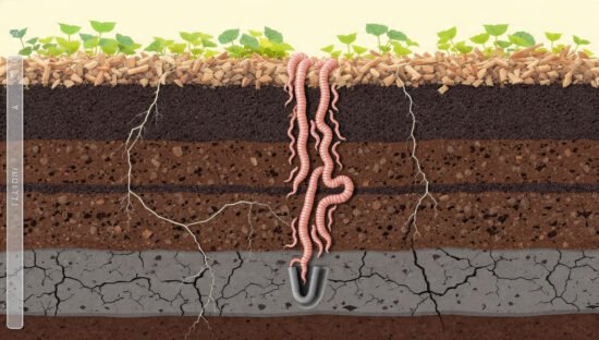 Cross-section diagram showing how to layer compost and mulch over clay soil to improve structure.
