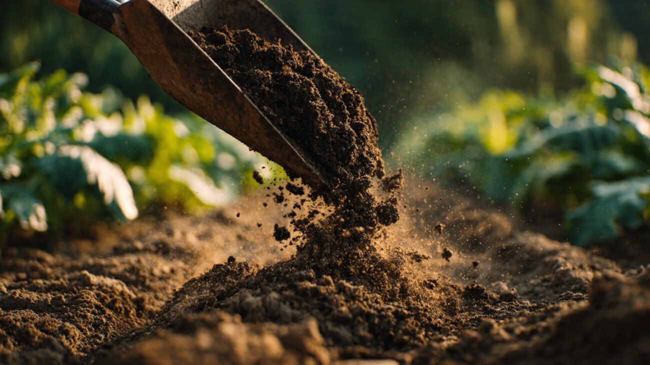 Garden shovel adding organic compost to improve heavy clay soil drainage.
