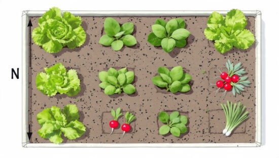 Top-down 4x4 square foot garden layout diagram for lettuce, spinach, and radishes.