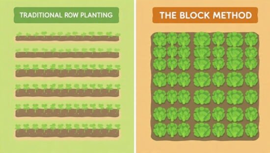 Infographic comparing traditional row gardening efficiency vs intensive block gardening yields.