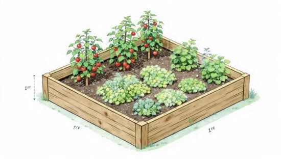 Sourdough-style 3D garden plan for a 4x4 salsa garden featuring tomatoes, peppers, and cilantro.