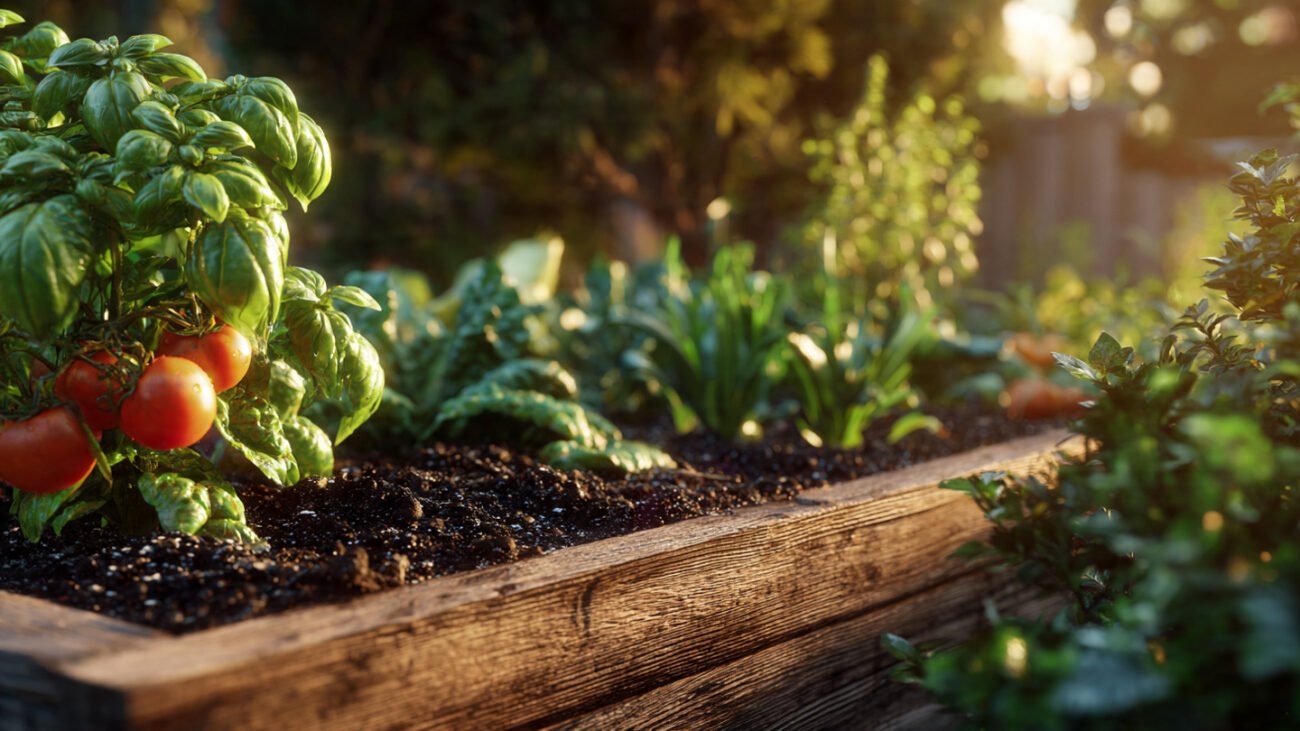 Lush cedar raised garden bed filled with premium organic soil mix growing healthy tomatoes and greens.