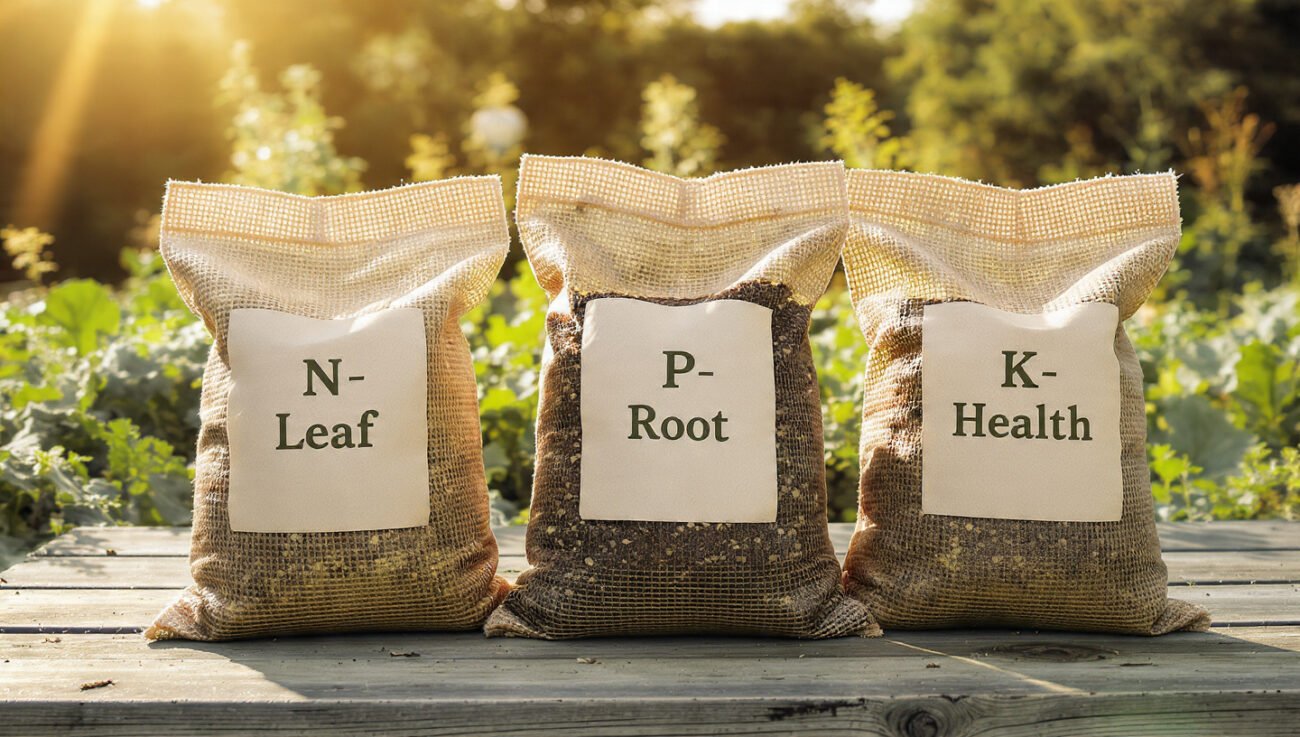 Three bags of organic fertilizer labeled N, P, and K representing Nitrogen, Phosphorus, and Potassium.