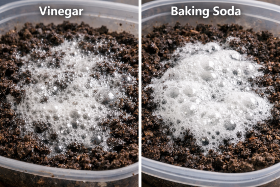 DIY soil fizz test showing bubbling reaction with vinegar for alkaline soil and baking soda for acidic soil.