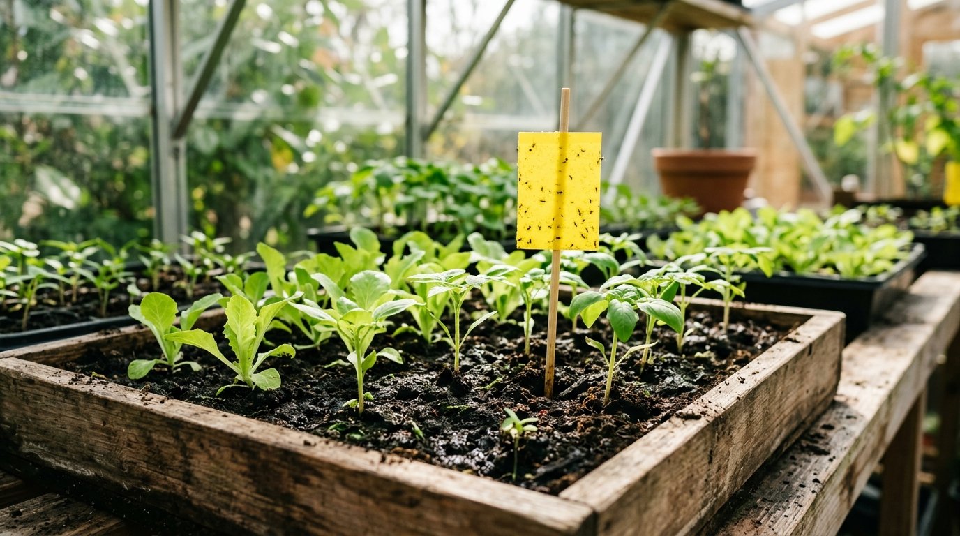 Fungus gnats control in organic garden soil and seedling trays with yellow sticky traps