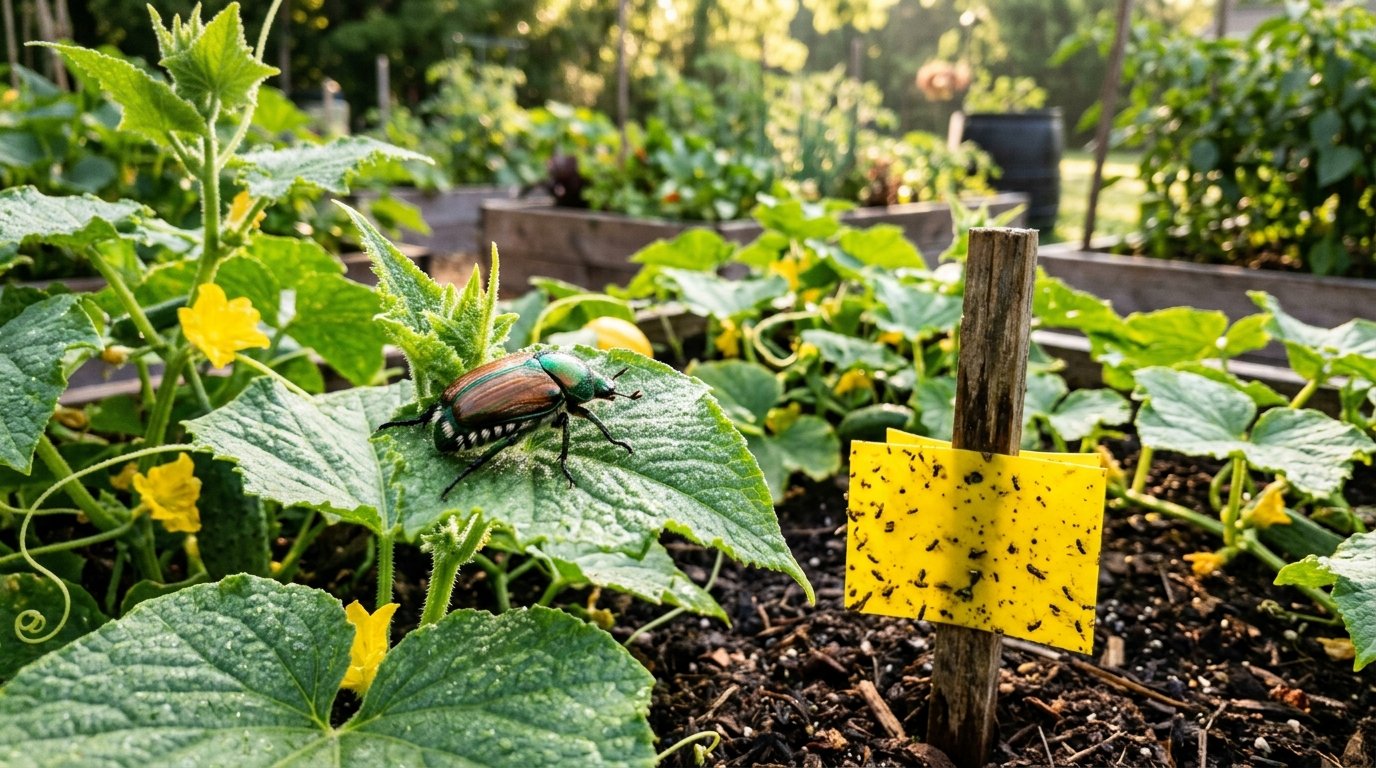 How to get rid of Japanese beetles and cucumber beetles naturally with yellow sticky traps and organic garden spray