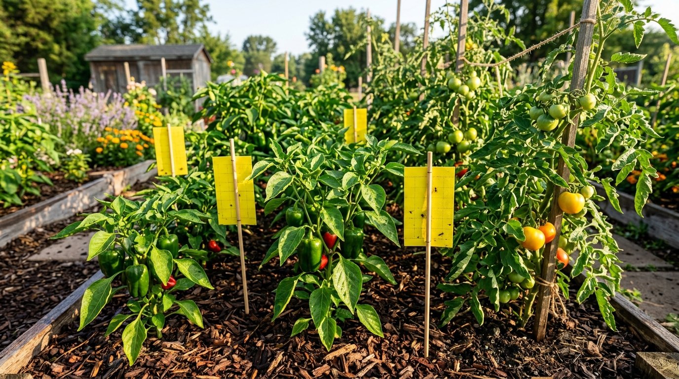 Natural whitefly spray and yellow sticky traps in an organic vegetable garden